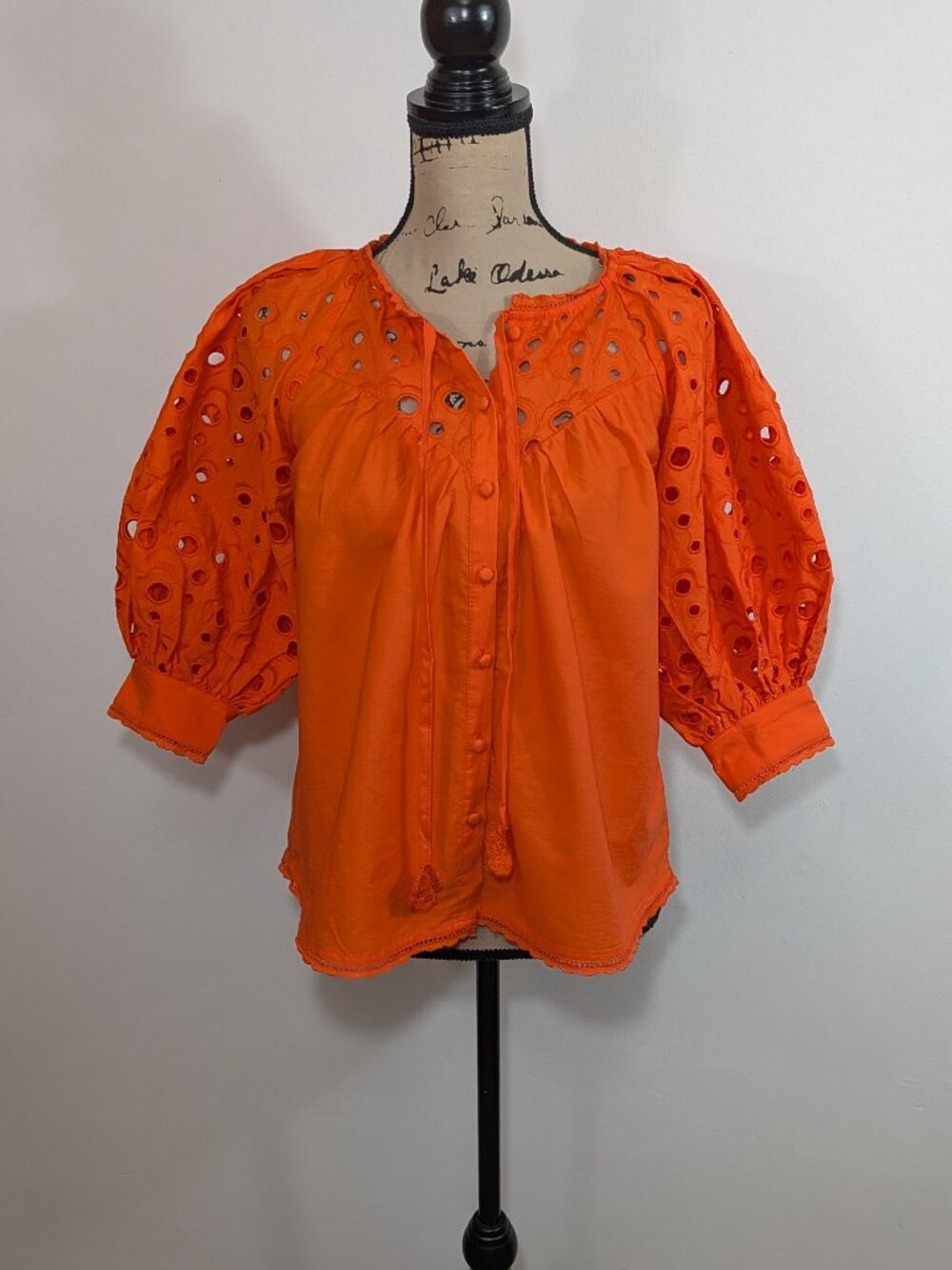 Anthropologie Women's Chantel Eyelet Blouse Size XS Orange Puff Sleeve Cotton